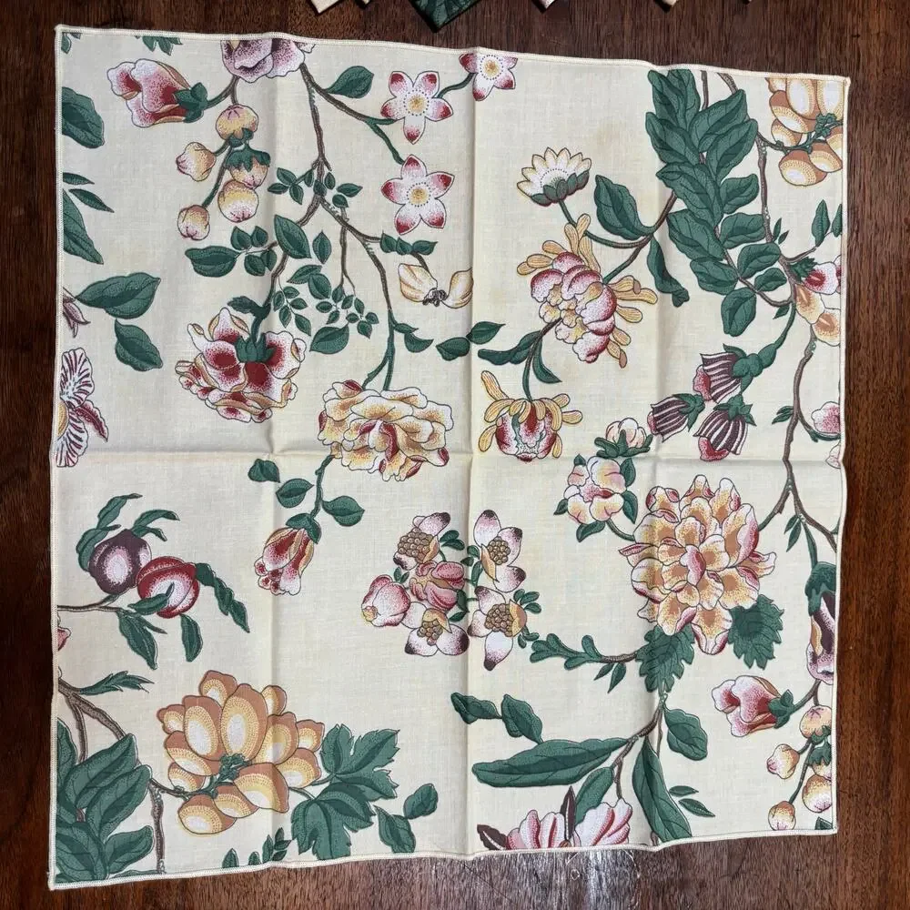 Cloth napkins set of 6 Jacobean style floral print on pale yellow cotton squares